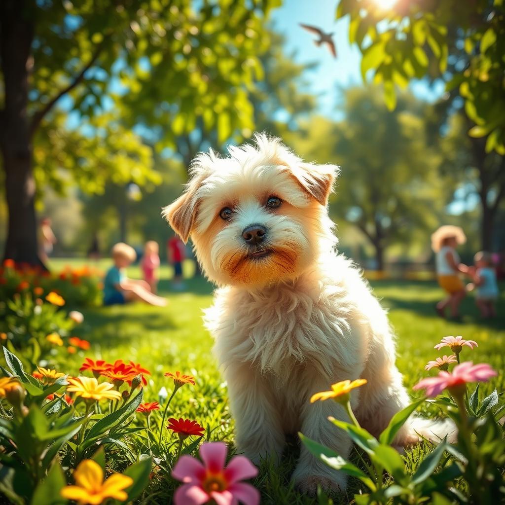 A cute and fluffy dog sitting in a sunny park, surrounded by vibrant flowers and greenery