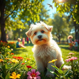 A cute and fluffy dog sitting in a sunny park, surrounded by vibrant flowers and greenery