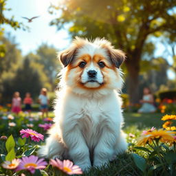 A cute and fluffy dog sitting in a sunny park, surrounded by vibrant flowers and greenery
