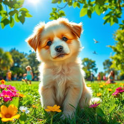 A cute and fluffy dog sitting in a sunny park, surrounded by vibrant flowers and greenery