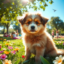 A cute and fluffy dog sitting in a sunny park, surrounded by vibrant flowers and greenery