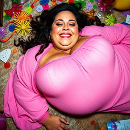 A full body view of a voluptuous woman in a pink harem outfit, with large breasts and a playful drunken demeanor