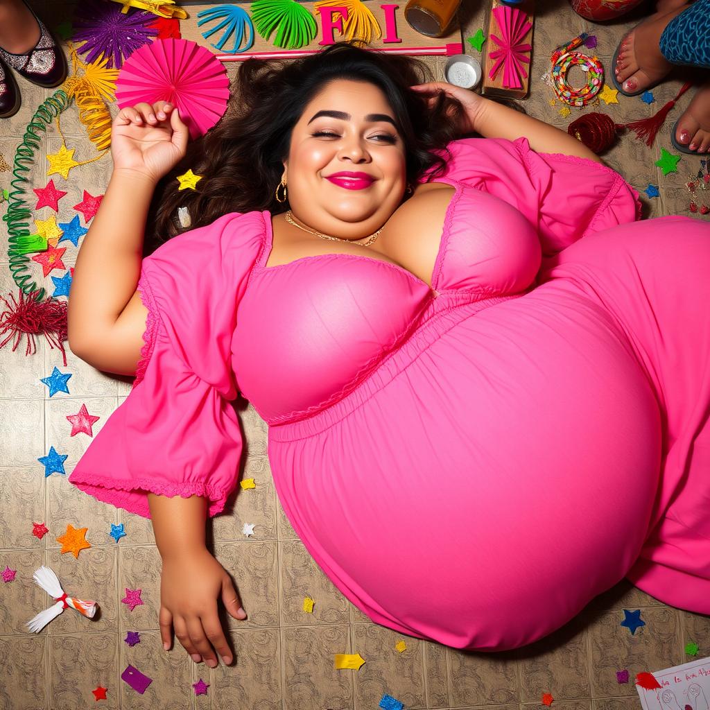 A full body view of a voluptuous woman in a pink harem outfit, with large breasts and a playful drunken demeanor