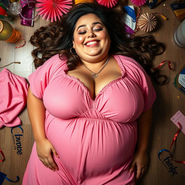 A full body view of a voluptuous woman in a pink harem outfit, with large breasts and a playful drunken demeanor