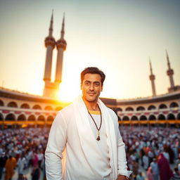 A portrait of Bollywood superstar Salman Khan standing gracefully in front of the grand Kaaba in Mecca, Saudi Arabia, capturing a stunning blend of spirituality and celebrity culture