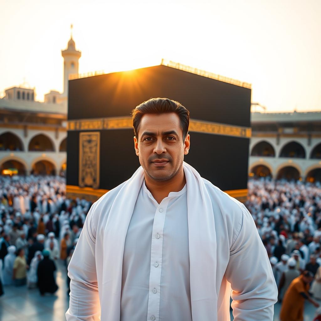 A portrait of Bollywood superstar Salman Khan standing gracefully in front of the grand Kaaba in Mecca, Saudi Arabia, capturing a stunning blend of spirituality and celebrity culture