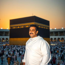 A portrait of Bollywood superstar Salman Khan standing gracefully in front of the grand Kaaba in Mecca, Saudi Arabia, capturing a stunning blend of spirituality and celebrity culture