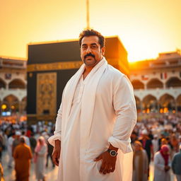 A portrait of Bollywood superstar Salman Khan standing gracefully in front of the grand Kaaba in Mecca, Saudi Arabia, capturing a stunning blend of spirituality and celebrity culture