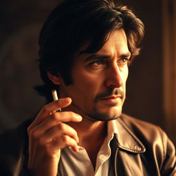 A portrait of Ahmet Kaya, the famous Turkish singer-songwriter, in a contemplative mood, holding a cigarette in his hand