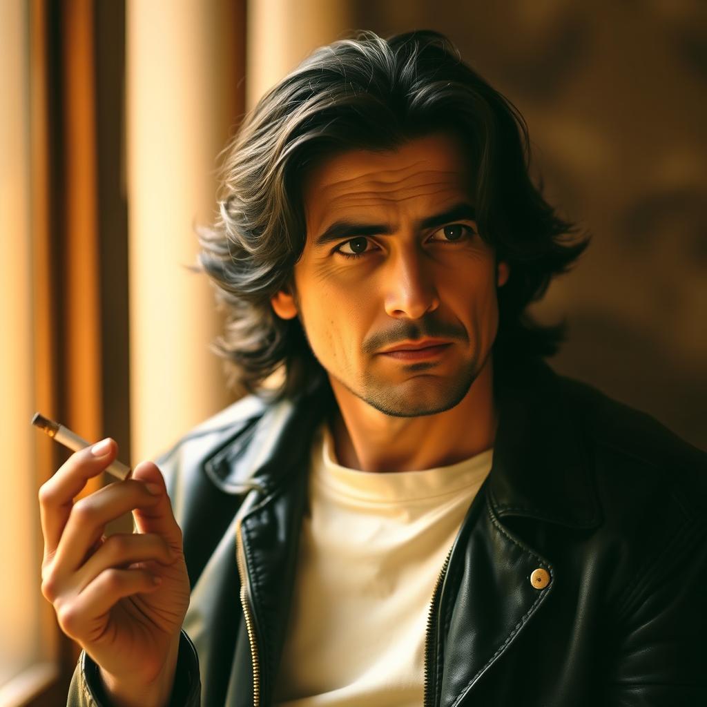 A portrait of Ahmet Kaya, the famous Turkish singer-songwriter, in a contemplative mood, holding a cigarette in his hand
