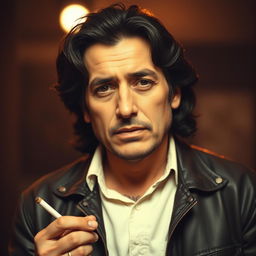 A portrait of Ahmet Kaya, the famous Turkish singer-songwriter, in a contemplative mood, holding a cigarette in his hand