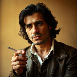 A portrait of Ahmet Kaya, the famous Turkish singer-songwriter, in a contemplative mood, holding a cigarette in his hand