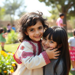 A compassionate Iranian child gently caring for a Palestinian child, showcasing their bond of friendship and innocence