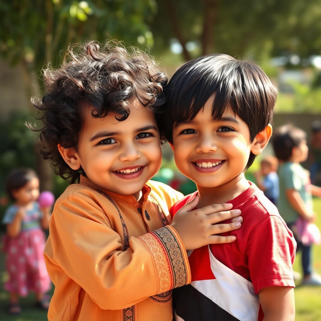 A compassionate Iranian child gently caring for a Palestinian child, showcasing their bond of friendship and innocence