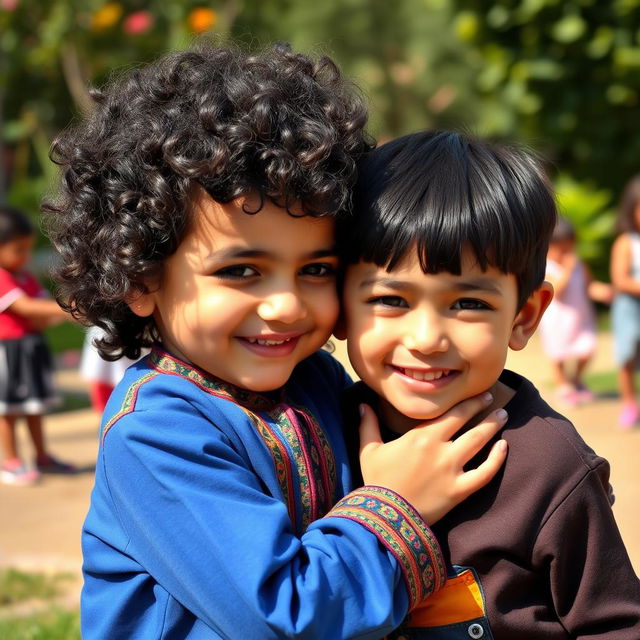 A compassionate Iranian child gently caring for a Palestinian child, showcasing their bond of friendship and innocence