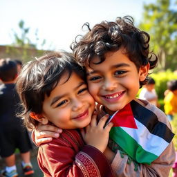 A compassionate Iranian child gently caring for a Palestinian child, showcasing their bond of friendship and innocence