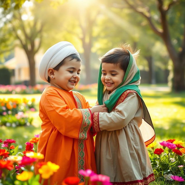 A heartwarming scene depicting an Iranian child gently caring for a Palestinian child, both smiling and sharing a moment of friendship