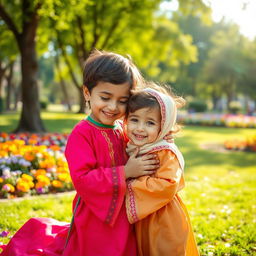 A heartwarming scene depicting an Iranian child gently caring for a Palestinian child, both smiling and sharing a moment of friendship