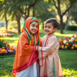 A heartwarming scene depicting an Iranian child gently caring for a Palestinian child, both smiling and sharing a moment of friendship