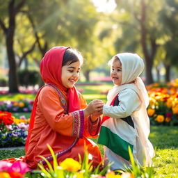 A heartwarming scene depicting an Iranian child gently caring for a Palestinian child, both smiling and sharing a moment of friendship