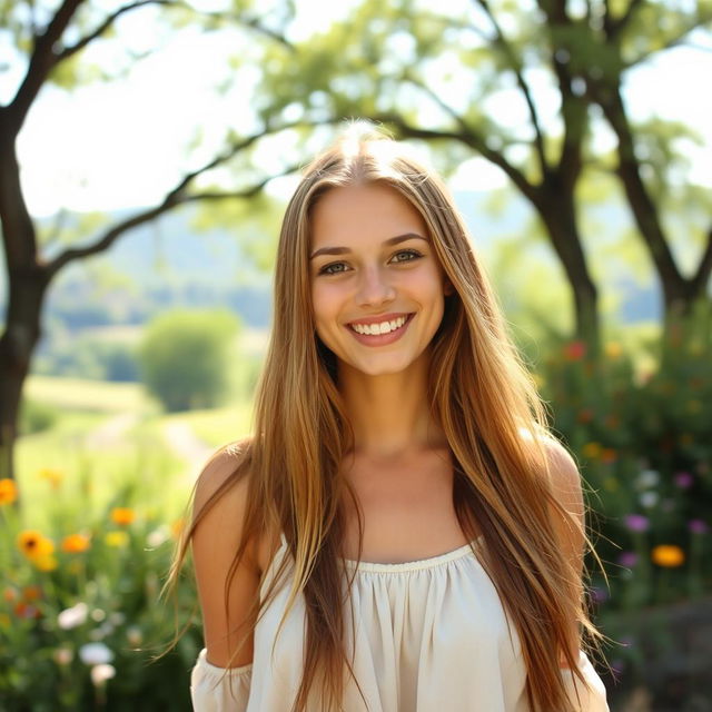 A beautiful young woman, 18 years old, with long flowing hair and bright eyes, smiling warmly