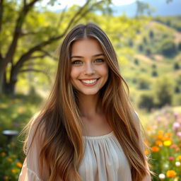 A beautiful young woman, 18 years old, with long flowing hair and bright eyes, smiling warmly