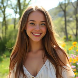 A beautiful young woman, 18 years old, with long flowing hair and bright eyes, smiling warmly