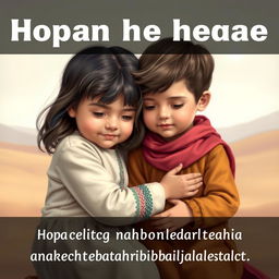 An Iranian child compassionately caring for a Palestinian child in a peaceful setting, symbolic of friendship and solidarity amidst conflict