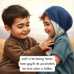 An Iranian child compassionately caring for a Palestinian child in a peaceful setting, symbolic of friendship and solidarity amidst conflict