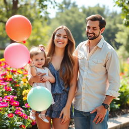 A beautiful young woman in her late teens, radiating joy, standing beside her adorable daughter and loving husband