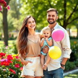 A beautiful young woman in her late teens, radiating joy, standing beside her adorable daughter and loving husband