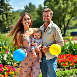 A beautiful young woman in her late teens, radiating joy, standing beside her adorable daughter and loving husband