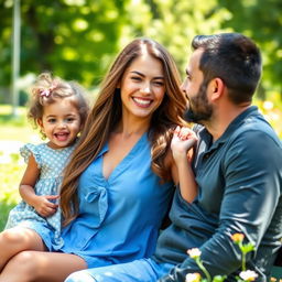 A beautiful young woman, appearing in her late teens, with long flowing hair and a warm smile, sitting outdoors with her husband and young daughter