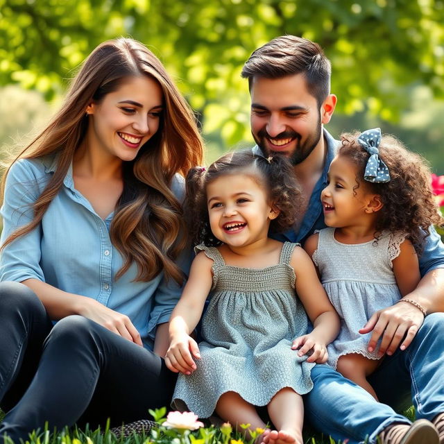 A beautiful young woman, appearing in her late teens, with long flowing hair and a warm smile, sitting outdoors with her husband and young daughter