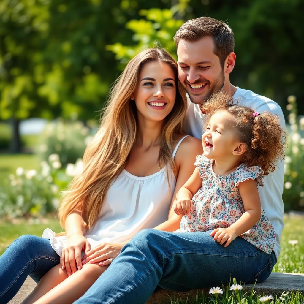 A beautiful young woman, appearing in her late teens, with long flowing hair and a warm smile, sitting outdoors with her husband and young daughter