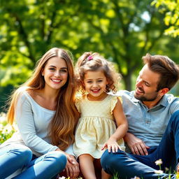 A beautiful young woman, appearing in her late teens, with long flowing hair and a warm smile, sitting outdoors with her husband and young daughter