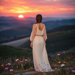 A beautifully styled image featuring a serene landscape with gentle rolling hills under a twilight sky, where a vibrant sunset casts warm orange and pink hues