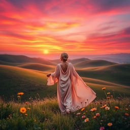 A beautifully styled image featuring a serene landscape with gentle rolling hills under a twilight sky, where a vibrant sunset casts warm orange and pink hues
