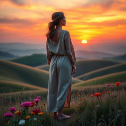 A beautifully styled image featuring a serene landscape with gentle rolling hills under a twilight sky, where a vibrant sunset casts warm orange and pink hues