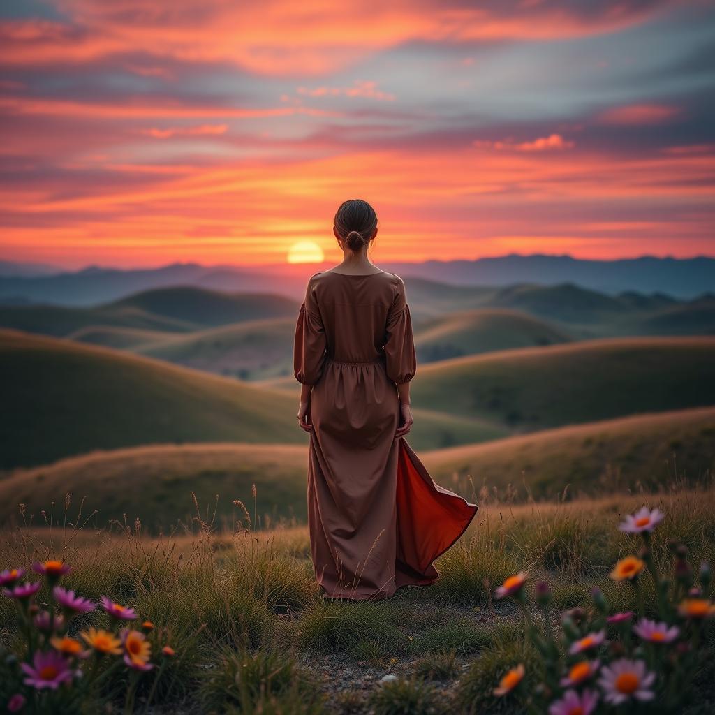 A beautifully styled image featuring a serene landscape with gentle rolling hills under a twilight sky, where a vibrant sunset casts warm orange and pink hues