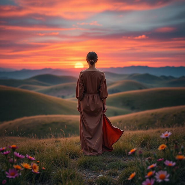 A beautifully styled image featuring a serene landscape with gentle rolling hills under a twilight sky, where a vibrant sunset casts warm orange and pink hues