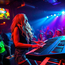 A lively nightclub scene featuring Dayna Wynter, a 39-year-old attractive white woman, passionately playing keyboards on a dynamic stage