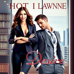 A captivating cover for a hot romance novel, featuring a confident and alluring female lawyer wearing an elegant business suit, with a slight sultry smile