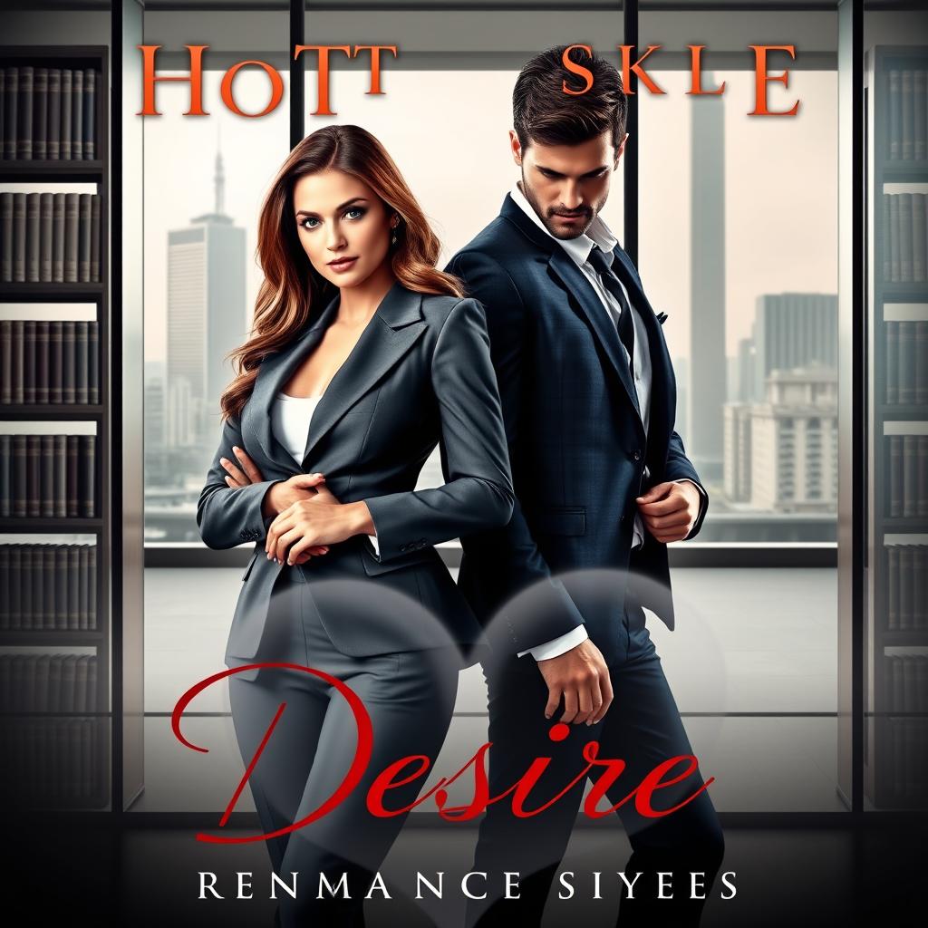 A captivating cover for a hot romance novel, featuring a confident and alluring female lawyer wearing an elegant business suit, with a slight sultry smile