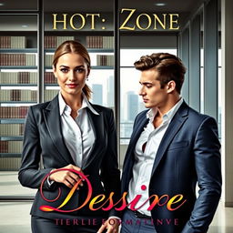 A captivating cover for a hot romance novel, featuring a confident and alluring female lawyer wearing an elegant business suit, with a slight sultry smile