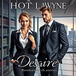 A captivating cover for a hot romance novel, featuring a confident and alluring female lawyer wearing an elegant business suit, with a slight sultry smile