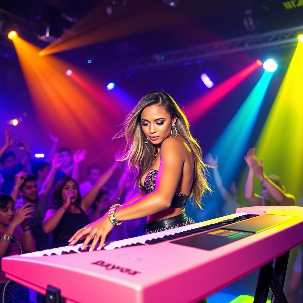 A vibrant nightclub scene depicting Dayna Wynter, a 39-year-old attractive white woman, energetically playing keyboards on a lively stage