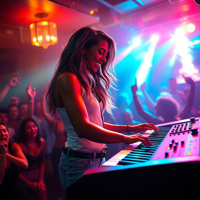 A vibrant nightclub scene depicting Dayna Wynter, a 39-year-old attractive white woman, energetically playing keyboards on a lively stage