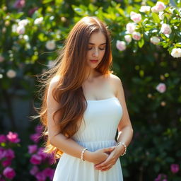 A beautiful woman with long, flowing chestnut hair, standing in a serene outdoor setting, surrounded by lush greenery and blooming flowers