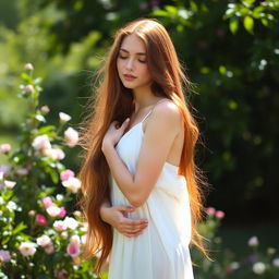 A beautiful woman with long, flowing chestnut hair, standing in a serene outdoor setting, surrounded by lush greenery and blooming flowers